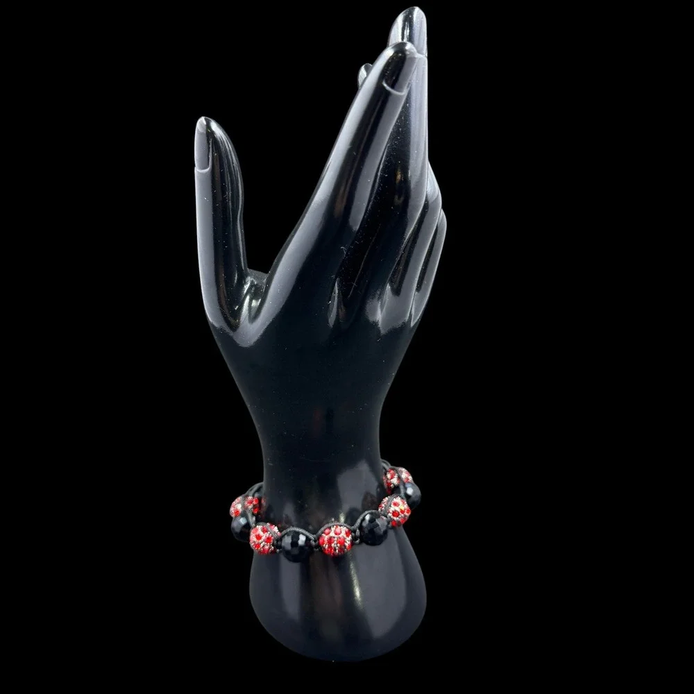 Black and Red Pavé Crystal Disco Ball Bead Adjustable Macrame Bracelet Goth Edgy